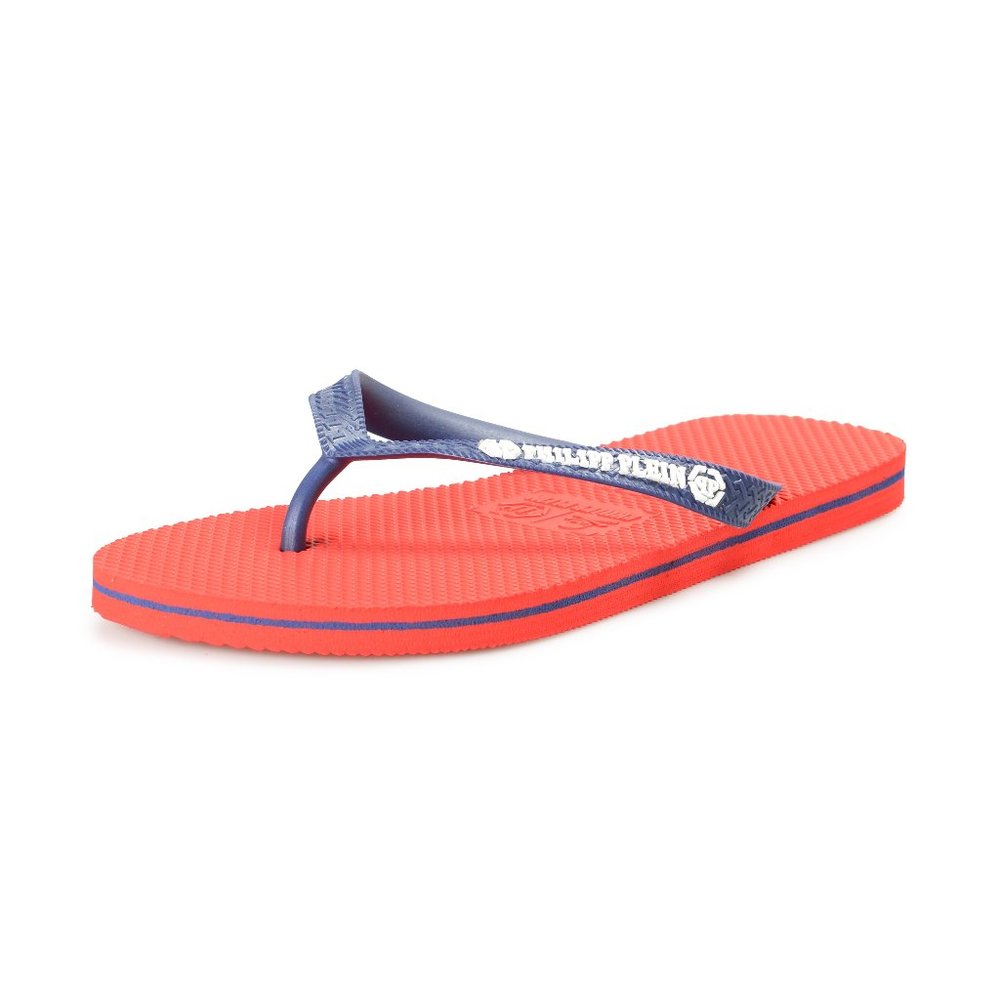 Philipp Plein Women's Red/Navy Blue Rubber Logo Print Flip Flops Shoes